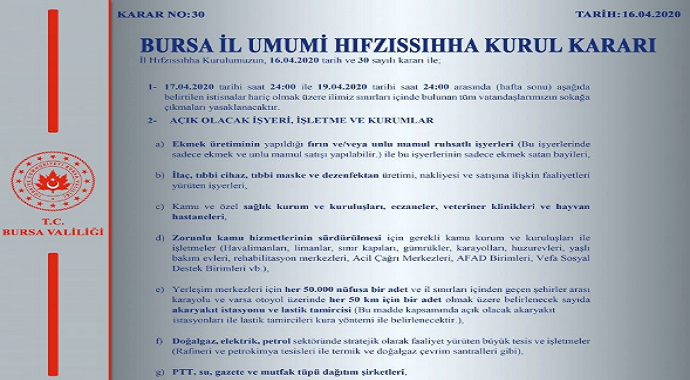 Bursa Valiliği sokağa çıkma yasağına ilişkin kararları açıkladı
