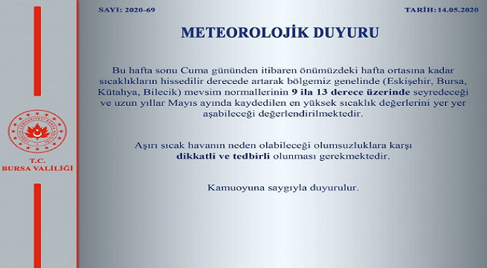 Bursa Valiliği sıcak hava uyarısı yaptı