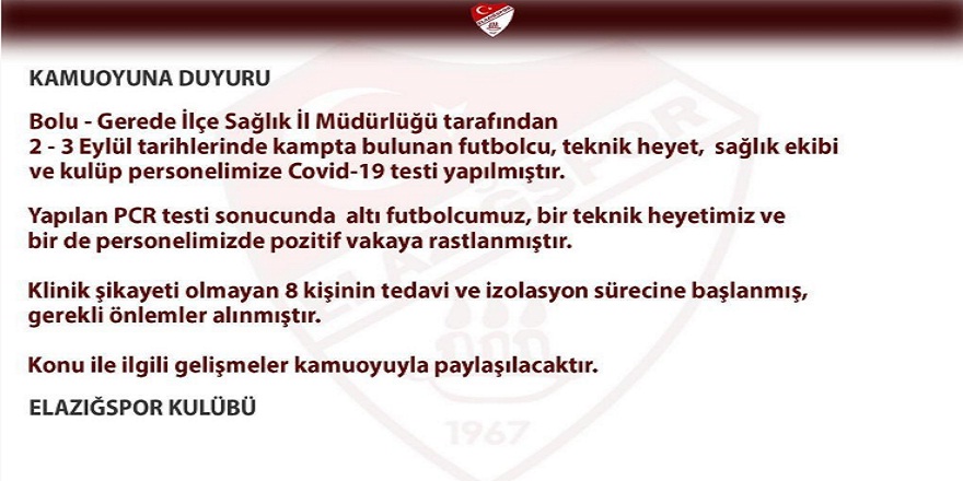 Elazığspor kadrosunda 8 pozitif vaka