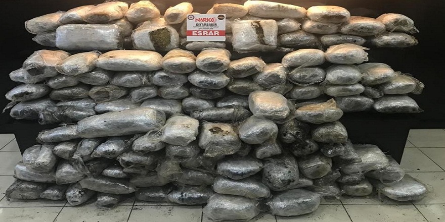 Diyarbakır narkotik ekipleri, tarafından yapılan aramada, çekici üzerindeki kepçenin pistonlarında 159 kilo esrar ele geçirdi