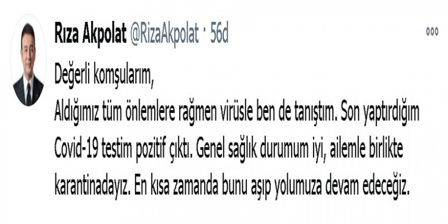 Başkan Rıza Akpolat, korona virüse yakalandı
