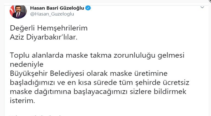 Diyarbakır Valisi vatandaşlara maskeler ücretsiz dağıtılacak