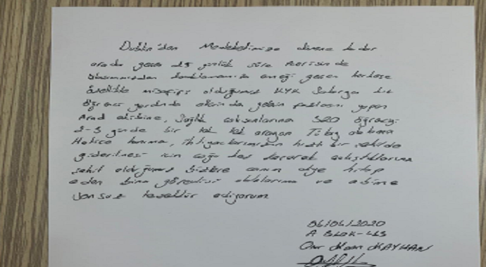 Sakarya'da karantina yurtlarından ayrılan vatandaşlar ekiplere teşekkür yazısı yazdı