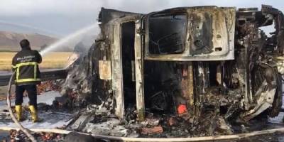 Mardin-Şırnak karayolunda patates ve soğan yüklü tır alev aldı