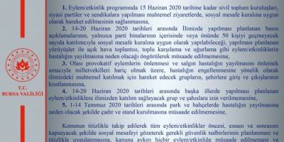 Bursa'da yeni tip korona virüs (Covid-19) tedbirleri kapsamında eylem ve etkinlikler yasaklandı