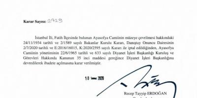Cumhurbaşkanı Erdoğan Ayasofya kararını imzaladı