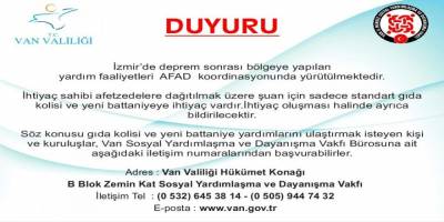 Van Valiliği’nden İzmir’e yardım çağrısında bulundu!