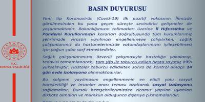 Bursa'da Korona virüs tespit edilen 19 kişi taburcu oldu