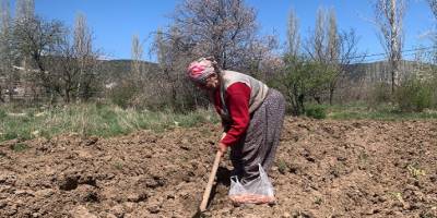 Eşi dışarı çıkamadığı için tarlasını tek başına çapalayıp ekiyor